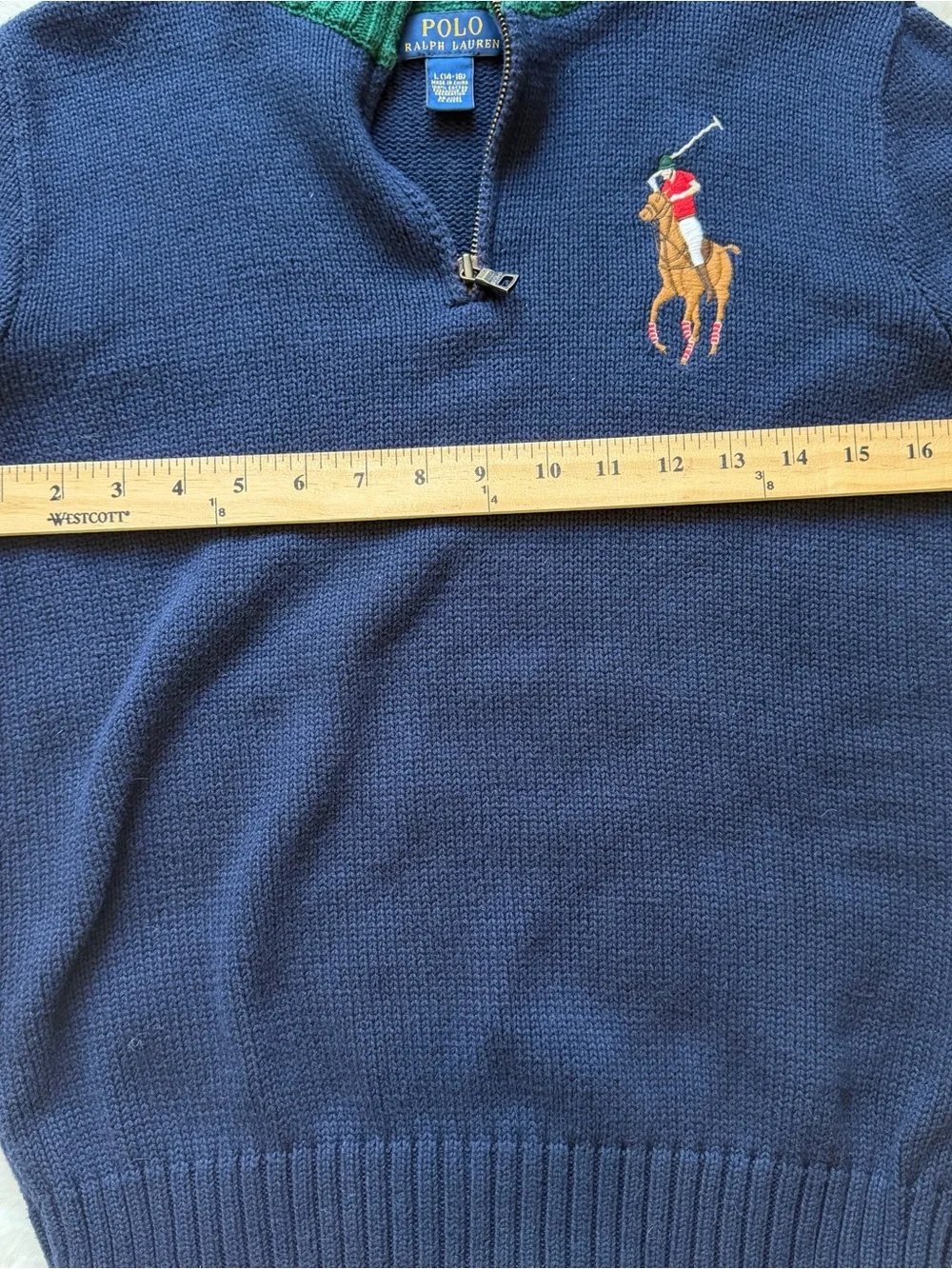 Ralph Lauren | EUC - Logo Quarter Zip Sweater - Size 14/16 - Navy/Green